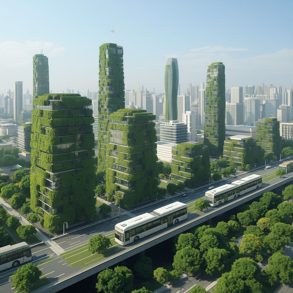 Futuristic eco city skyline with vertical gardens on buildings, wind turbines on rooftops, clean hydrogen buses, and green parks integrated into modern sustainable architecture